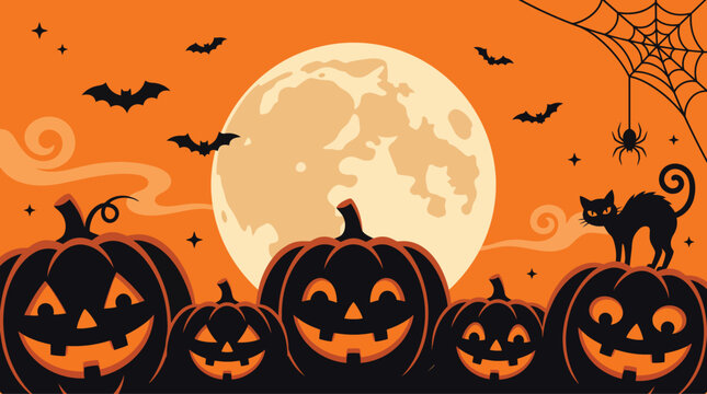 Spooky halloween background vector illustration featuring jack o lantern pumpkins full moon bats and a black cat