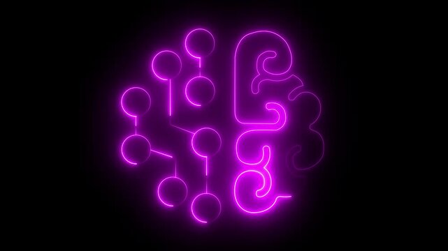 Glowing Neon Artificial Intelligence Brain Circuit Icon, AI Network Technology on black Background. 4k motion graphic animation.