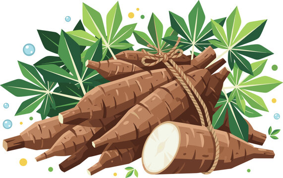 Fresh Bunch of Organic Cassava Roots Tied with Rope with Vibrant Green Manioc Leaves Flat Vector Illustration Isolated on White Background.