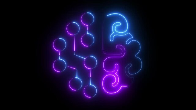 Glowing Neon Artificial Intelligence Brain Circuit Icon, AI Network Technology on black Background. 4k motion graphic animation.