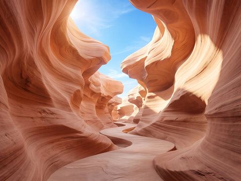 Endless Sandstone Canyon Corridor with Smooth Sculptural Curves, Warm Tones, and Organic Sandstone Architecture