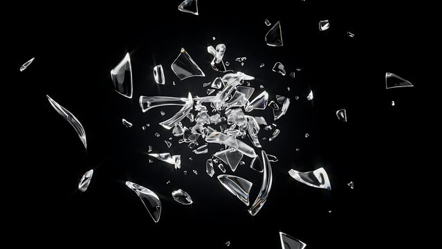 Abstract 3D render of exploding glass shards scattering in slow motion on a black background