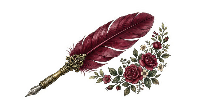 Vintage quill pen with deep red feather and floral rose arrangement isolated on transparent background