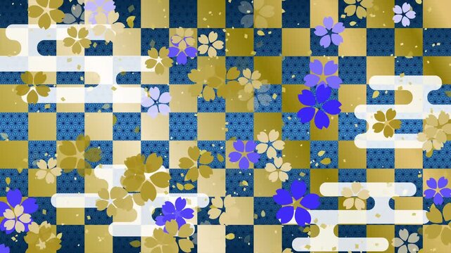 桜01 青 金 紙吹雪 金 下降 パターン01 エ霞 市松模様 麻の葉 ループ （金青 背景）02