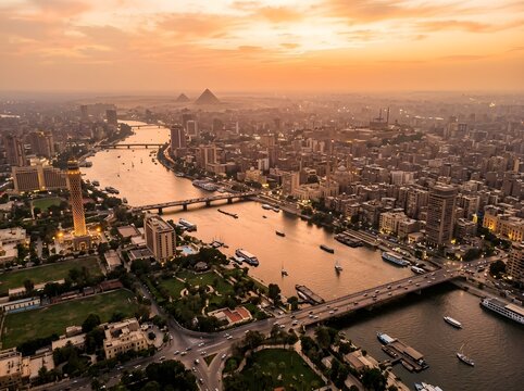 Aerial view of the nile river flowing through cairo at sunset