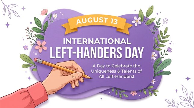 Graphic illustration for international left handers day with a hand holding a pencil on a purple abstract shape