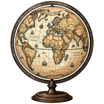 Vintage World Globe Map with Ships and Compass Antique Illustration