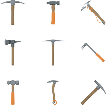 Professional hand tool and pickaxe vector illustration set featuring geologic hammers, ice axes, claw hammers, and mattocks isolated on white background