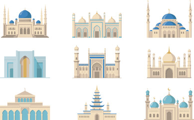 Beautiful islamic mosque architecture vector illustration set featuring arabic domes minarets cultural landmarks and oriental facades isolated on white background © Sukhi
