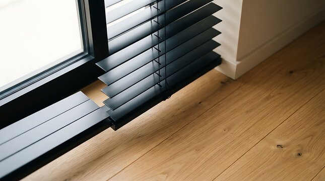 Modern wooden floor with sleek horizontal blinds. Minimalist interior design featuring adjustable window shades.