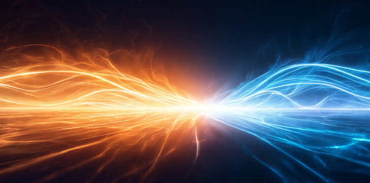 Powerful central explosion of diverging orange and blue light energy waves in deep dark void with explosion collision background abstract particles radiance contrast conceptual universe