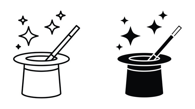 Magic hat with wand icon set. Wizard top hat with sparkles and magic stick vector.