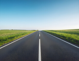 Obraz premium Straight Asphalt Road Leading to Horizon Through Lush Green Fields Under Clear Blue Sky