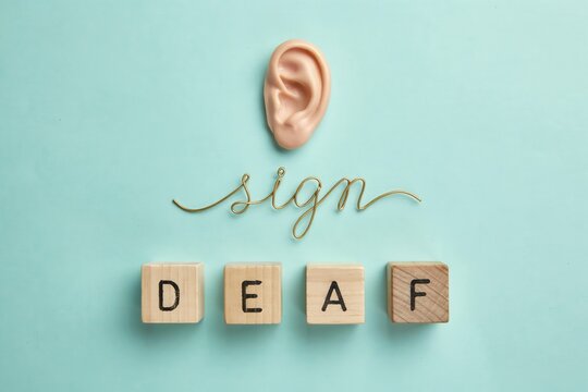 Deaf sign language concept with human ear model and letter blocks on blue background. Promoting accessibility and communication for hard of hearing