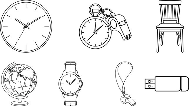 Back to school icon set black and white line drawings of various everyday objects