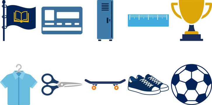 Back to school icon set School supplies and sports equipment icons in blue and yellow