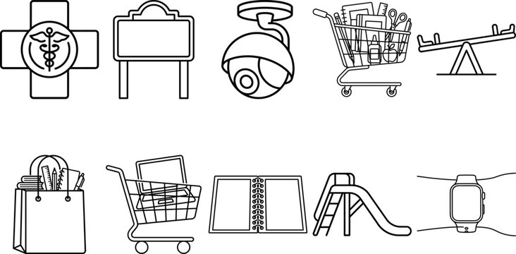 Back to school icon set line drawings of various everyday objects and symbols