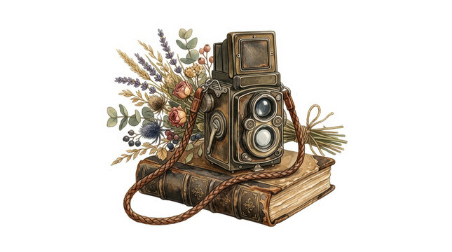 Vintage twinlens reflex camera with a bouquet of dried flowers on an old book isolated on transparent background