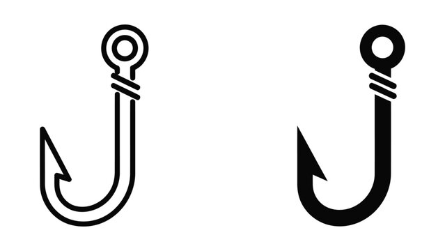 Minimalist Fishing Hook Vector Icons Set Featuring Outline and Solid Black Graphic Design Styles