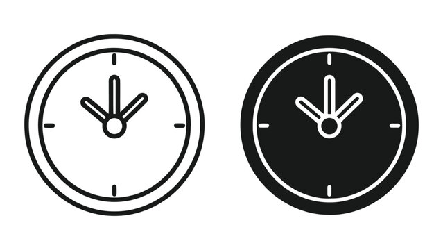 Minimalist Clock Icon Set Featuring Outline and Solid Black Vector Designs for Time Management