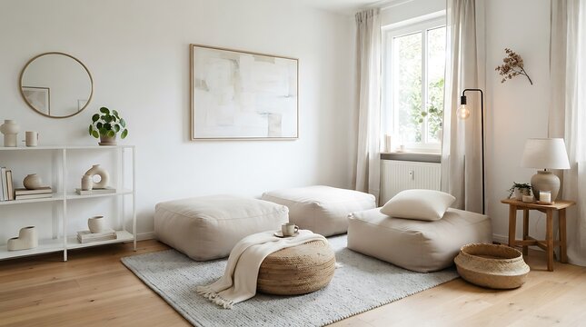 Cozy modern living room with stylish seating area. Minimalist lounge space featuring floor cushions and natural decor.