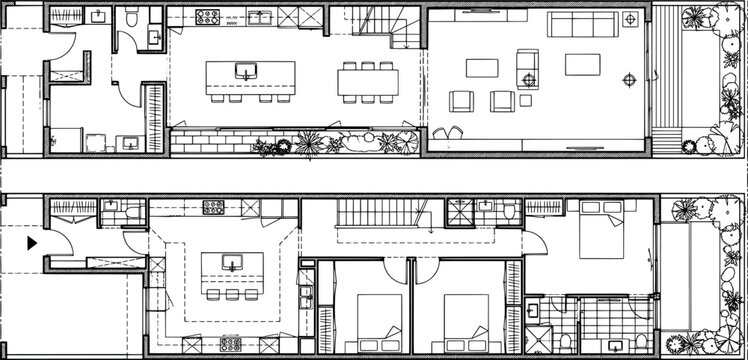 Twostory residential building floor plans showing kitchen living and bedroom layouts