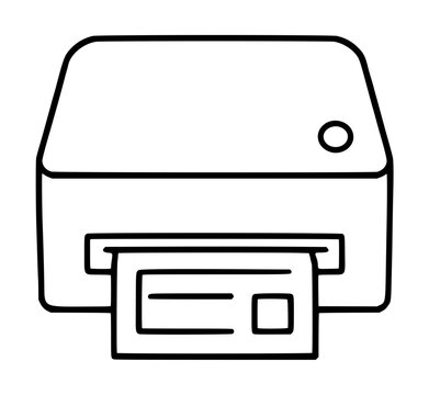 Hand-traced vector icon of a label printer device emitting a printed label with barcode, black outline illustration, minimal line art style, office equipment, postal and shipping accessory graphic,