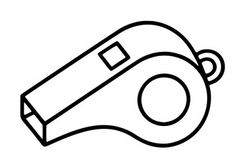 Fototapeta premium Hand-traced vector line illustration of a classic sports whistle, featuring a rounded chamber with a circular air hole, rectangular mouthpiece, and small lanyard ring loop, rendered in clean