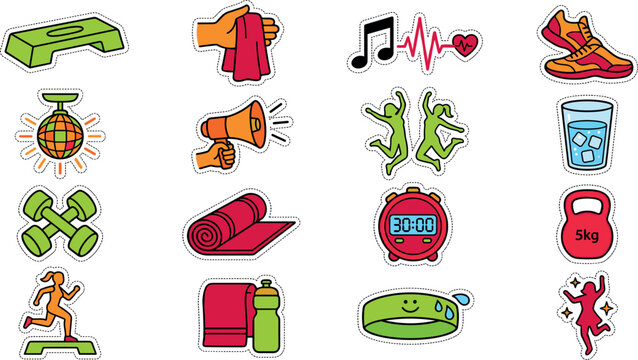 Fitness and Aerobic Exercise Gym Sticker Icon Set with Workout Equipment Shoes Timer Dumbbells Water Bottle and Active People for Healthy Lifestyle Planners
