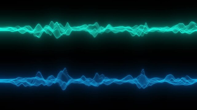 Flowing neon red and blue digital waves made of glowing particles on dark background.