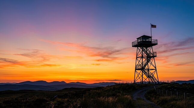 A silhouetted watchtower stands against a vibrant sunset sky. The tower is positioned on a grassy hill, with a winding path leading towards it.