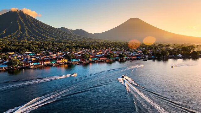 Aerial view of santa cruz la laguna village on the shores of lake atitlan with volcanoes in the background at sunset, guatemala