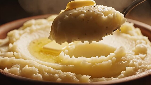 Spoon scooping mashed potatoes with melting butter.