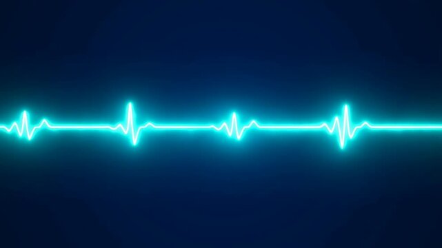 Glowing blue heart rate monitor pulse line displaying cardiac activity on a dark background representing health and vitality concepts