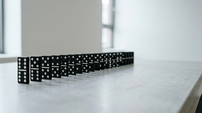 A row of black dominoes rests on a gray table. The dominoes are arranged in a straight line, ready to fall.