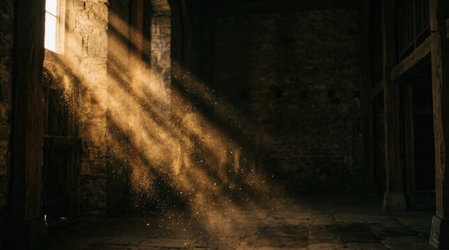 Dust motes dance in a beam of sunlight within an ancient stone building.