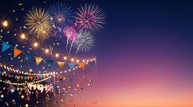 A festive outdoor celebration unfolds against a vibrant twilight sky filled with fireworks. String lights and colorful bunting adorn a wooden structure, creating a warm and inviting atmosphere.