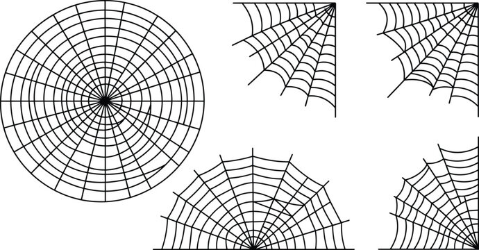 Spider web vector set featuring circular corner and semi circle cobweb designs for spooky Halloween decorations,