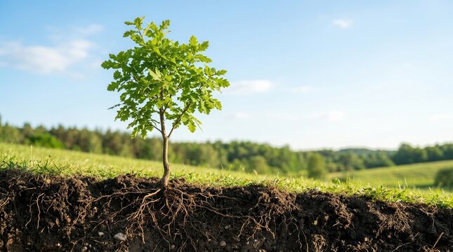 A young oak tree grows from the earth in a grassy field under a bright blue sky. The tree&rsquo;s roots are exposed, showcasing the soil beneath.