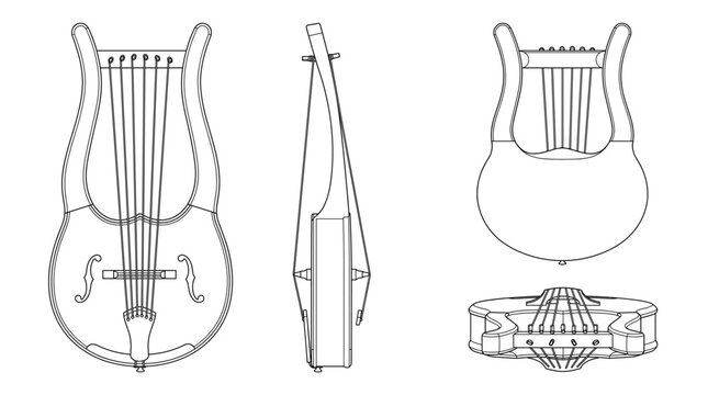 Lyre String Musical Instrument Technical Drawing Blueprint with Front Side Back and Top Views CAD Line Art Vector Illustration