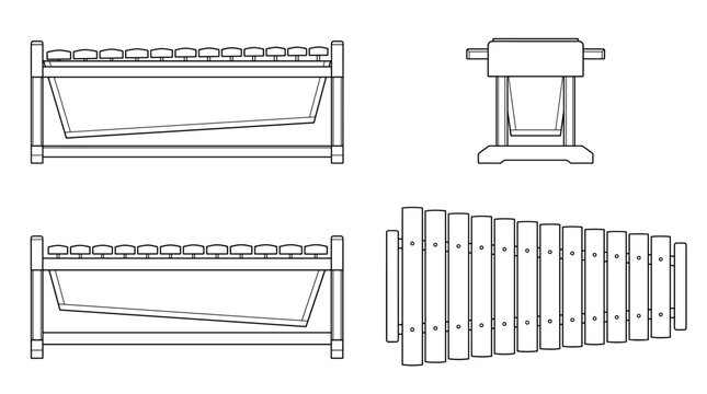 Gambang  Musical Instrument Technical Drawing Blueprint with Front Side Back and Top Views CAD Line Art Vector Illustration