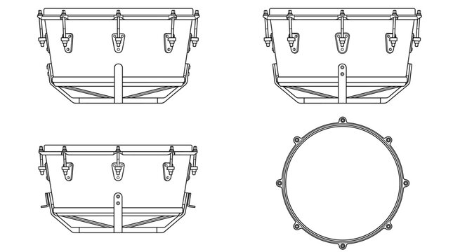 Timbal Percussion Musical Instrument Technical Drawing Blueprint with Front Side Back and Top Views CAD Line Art Vector Illustration