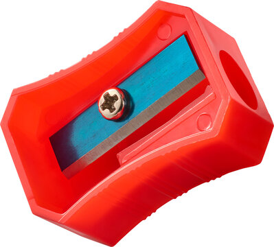 red plastic pencil sharpener isolated white background, metal blade and screw stationery supply, macro close-up mock-up template