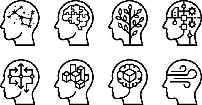 Set of eight human head silhouette icons representing abstract concepts mental processes creativity with silhouette