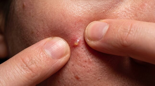 Macro photo of fingers squeezing an inflamed pus-filled pimple on red textured skin with visible pores.