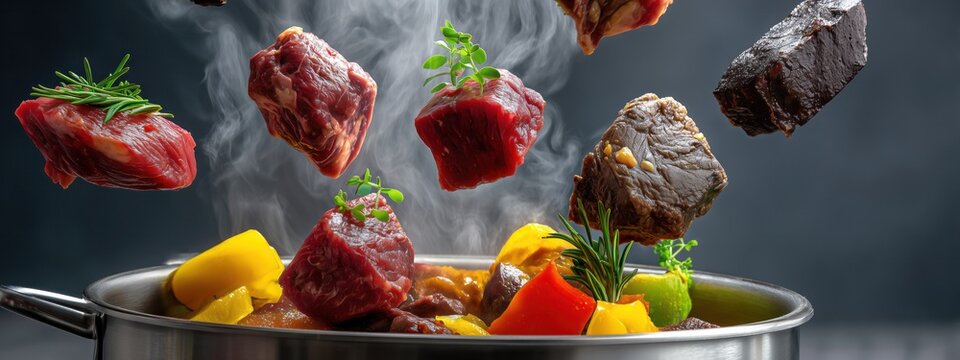 Des morceaux de viande crue et cuites et des poivrons, suspendus au-dessus d'une marmite m&eacute;tallique contenant un rago&ucirc;t, sur un fond gris travers&eacute; par de la vapeur de cuisson, vue panoramique.