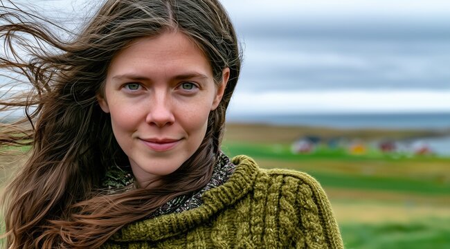Portrait d'une femme aux longs cheveux bruns &eacute;bouriff&eacute;s par le vent, expression sereine sur le visage, portant un pull en laine vert, arri&egrave;re-plan avec paysage flou de maisons en bord de mer.