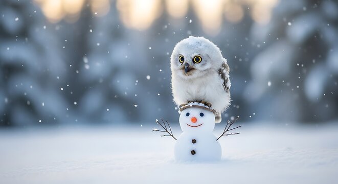 Cute owl sitting on top of a smiling snowman in winter snow scene