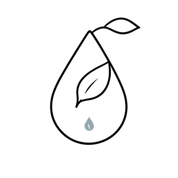 Minimalist black and white illustration of a water droplet and leaf