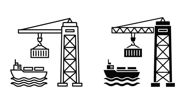 Port crane loading cargo ship icons. Industrial harbor logistics and shipping vector set.